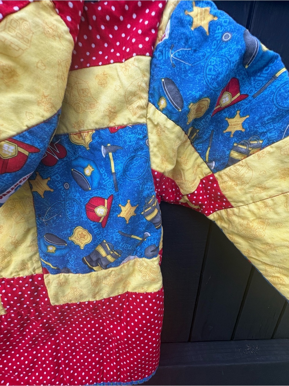 Upcycled Patchwork Quilted Kid's Hoodie - Red, Blue & Yellow 2T/3T - Picture 6 of 7